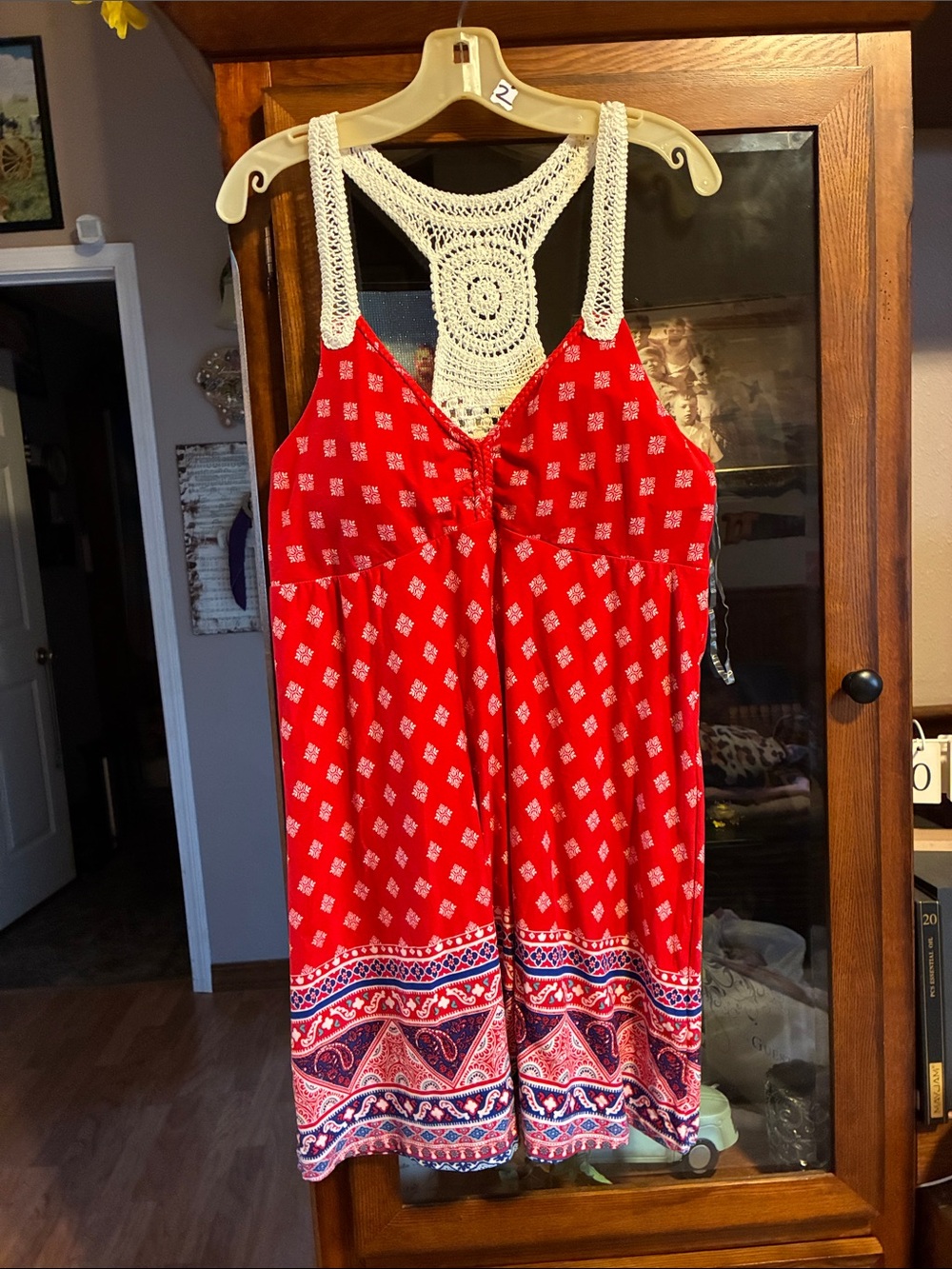 No Boundaries Red Printed Romper with Crochet Racerback